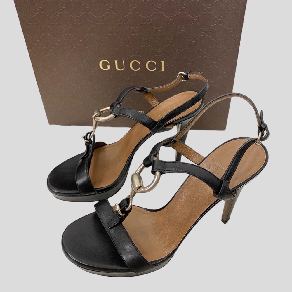 Gucci Black Nero Leather Silver Horsebit Slingback Stiletto Heels 37 1/2